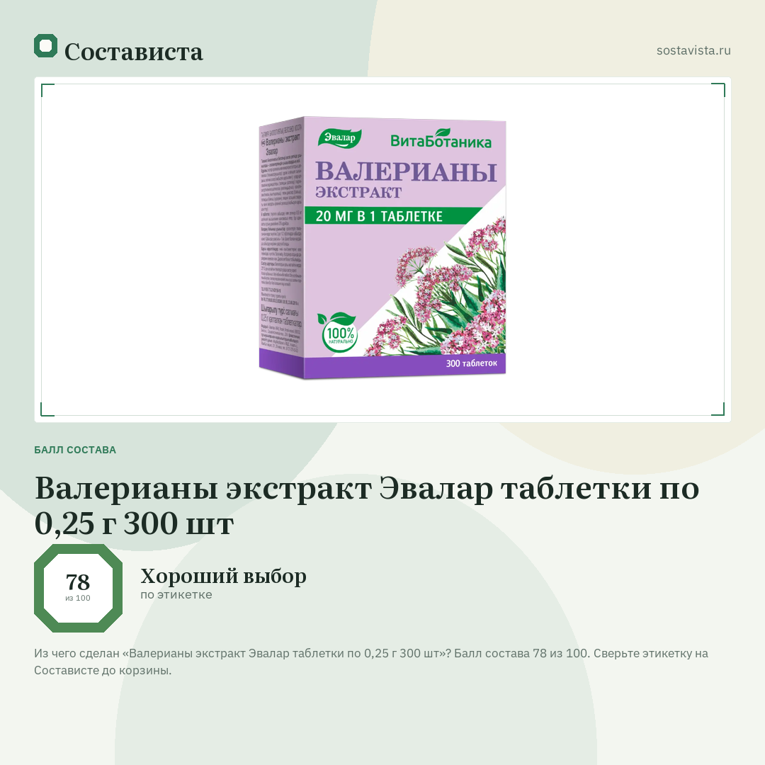 Валерианы экстракт Эвалар таблетки по 0,25 г 300 шт: балл состава 78 из 100 — Состависта