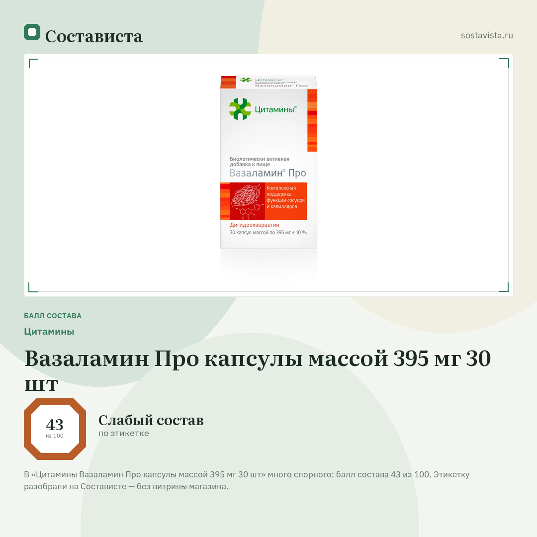 Цитамины Вазаламин Про капсулы массой 395 мг 30 шт: балл состава 43 из 100 — Состависта