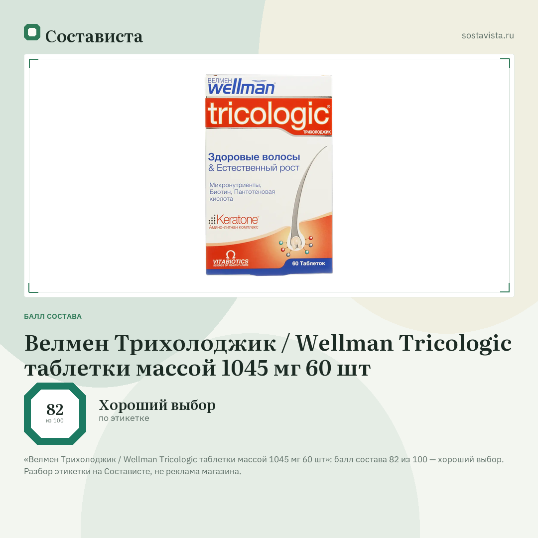 Велмен Трихолоджик / Wellman Tricologic таблетки массой 1045 мг 60 шт: балл состава 82 из 100 — Состависта