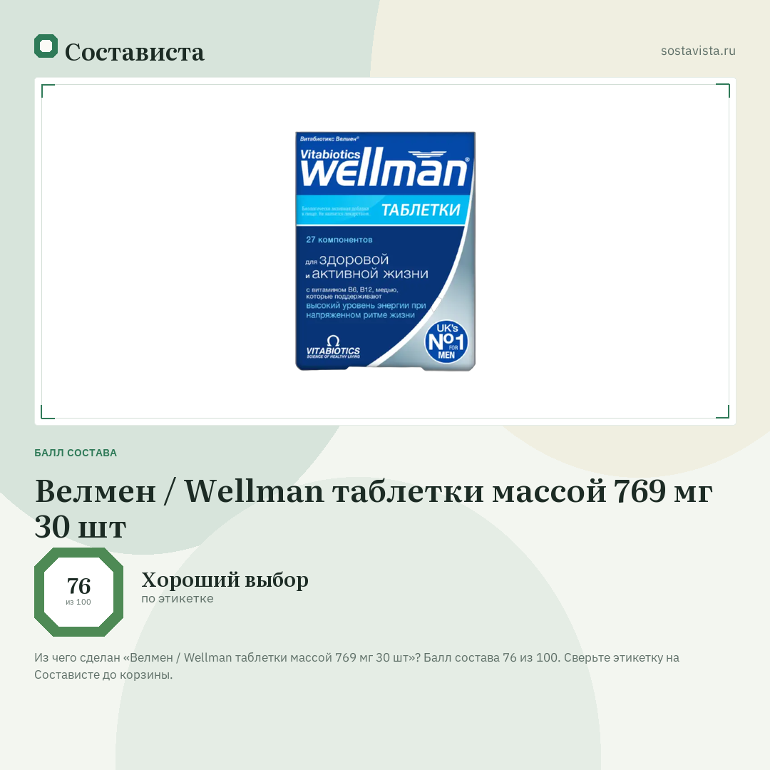Велмен / Wellman таблетки массой 769 мг 30 шт: балл состава 76 из 100 — Состависта