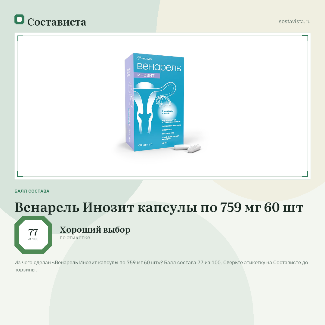 Венарель Инозит капсулы по 759 мг 60 шт: балл состава 77 из 100 — Состависта
