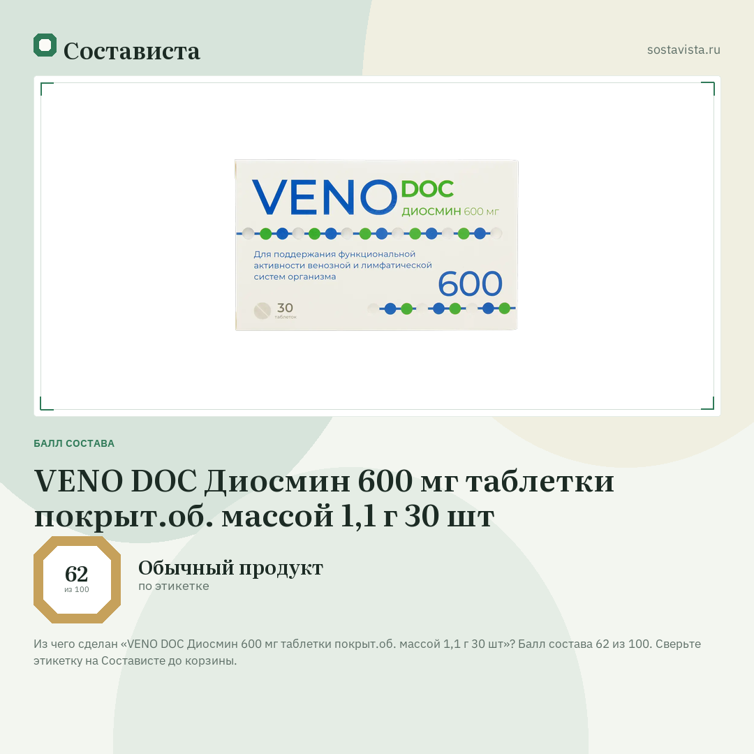 VENO DOC Диосмин 600 мг таблетки покрыт.об. массой 1,1 г 30 шт: балл состава 62 из 100 — Состависта