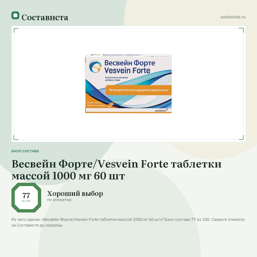 Весвейн Форте/Vesvein Forte таблетки массой 1000 мг 60 шт: балл состава 77 из 100 — Состависта