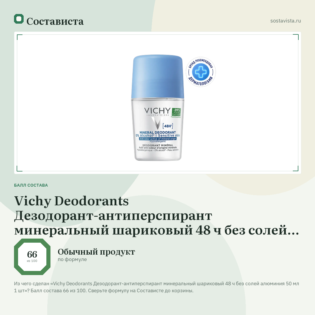 Vichy Deodorants Дезодорант-антиперспирант минеральный шариковый 48 ч без солей алюминия 50 мл 1 шт: балл состава 66 из 100 — Состависта