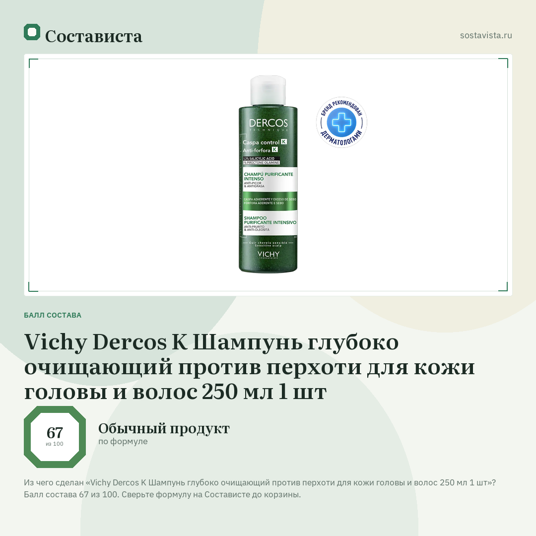 Vichy Dercos K Шампунь глубоко очищающий против перхоти для кожи головы и волос 250 мл 1 шт: балл состава 67 из 100 — Состависта