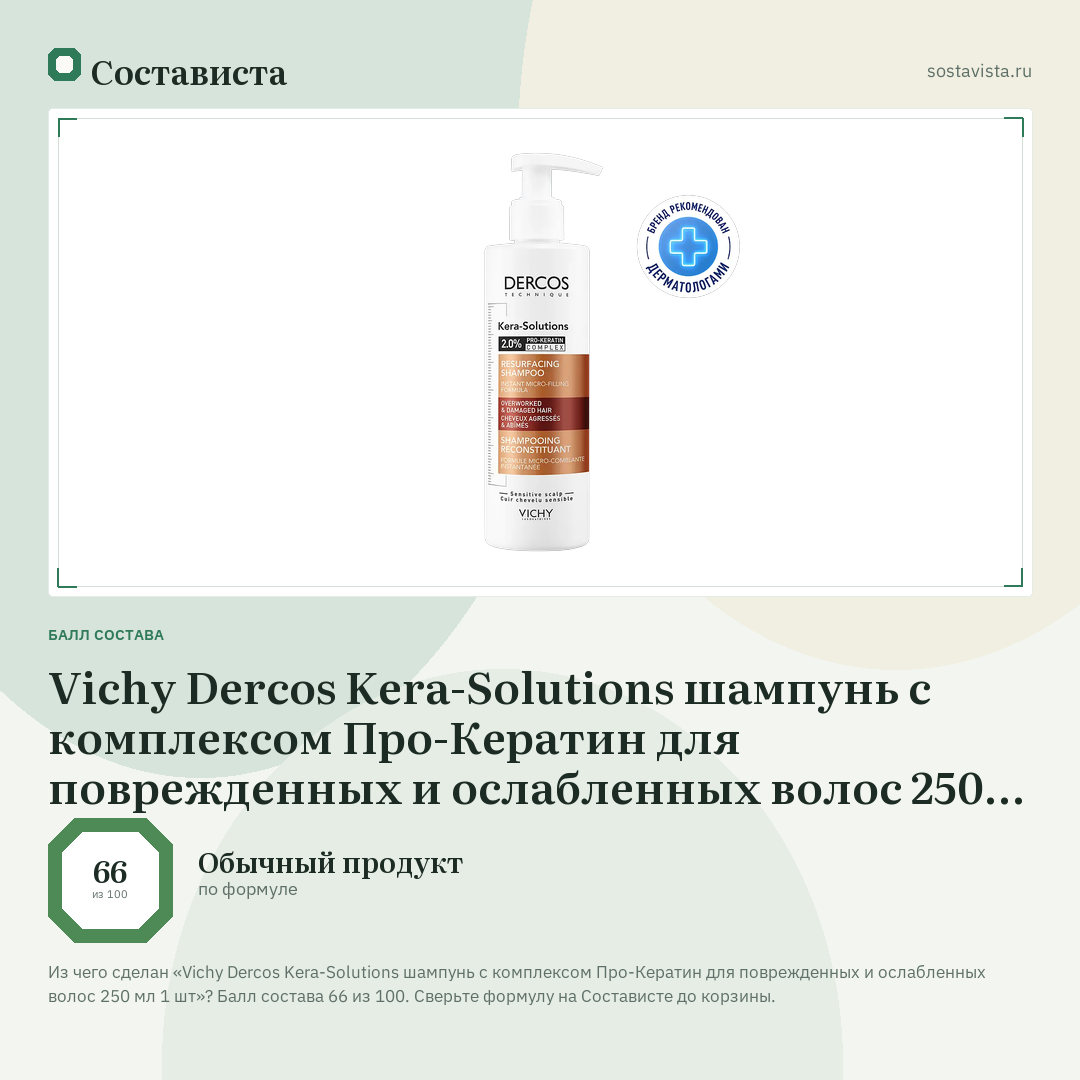 Vichy Dercos Kera-Solutions шампунь с комплексом Про-Кератин для поврежденных и ослабленных волос 250 мл 1 шт: балл состава 66 из 100 — Состависта