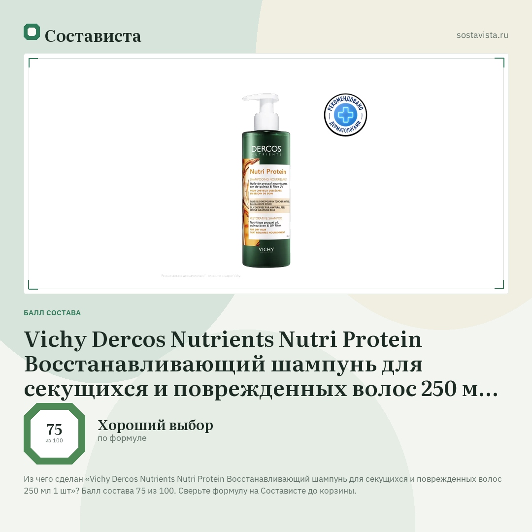 Vichy Dercos Nutrients Nutri Protein Восстанавливающий шампунь для секущихся и поврежденных волос 250 мл 1 шт: балл состава 75 из 100 — Состависта