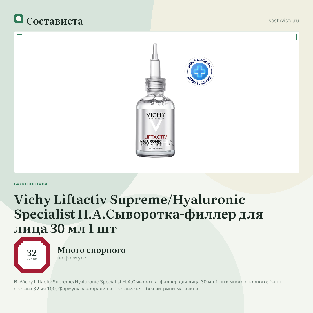 Vichy Liftactiv Supreme/Hyaluronic Specialist H.A.Сыворотка-филлер для лица 30 мл 1 шт: балл состава 32 из 100 — Состависта