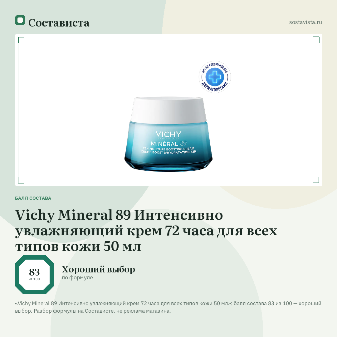 Vichy Mineral 89 Интенсивно увлажняющий крем 72 часа для всех типов кожи 50 мл: балл состава 83 из 100 — Состависта