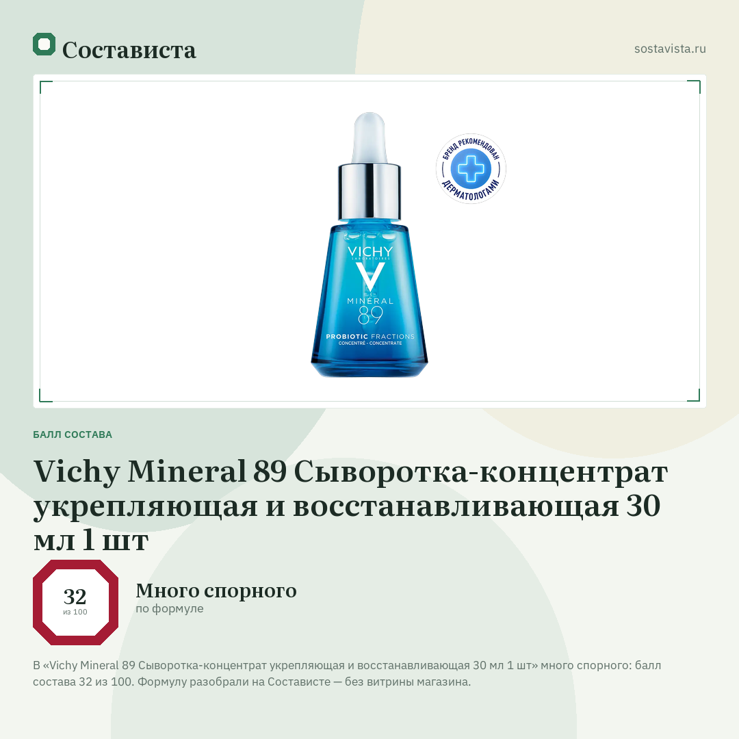 Vichy Mineral 89 Сыворотка-концентрат укрепляющая и восстанавливающая 30 мл 1 шт: балл состава 32 из 100 — Состависта