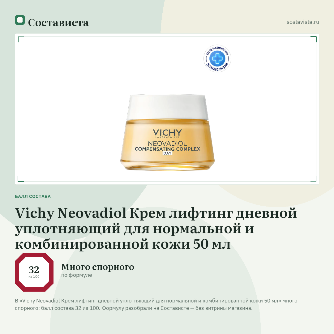 Vichy Neovadiol Крем лифтинг дневной уплотняющий для нормальной и комбинированной кожи 50 мл: балл состава 32 из 100 — Состависта