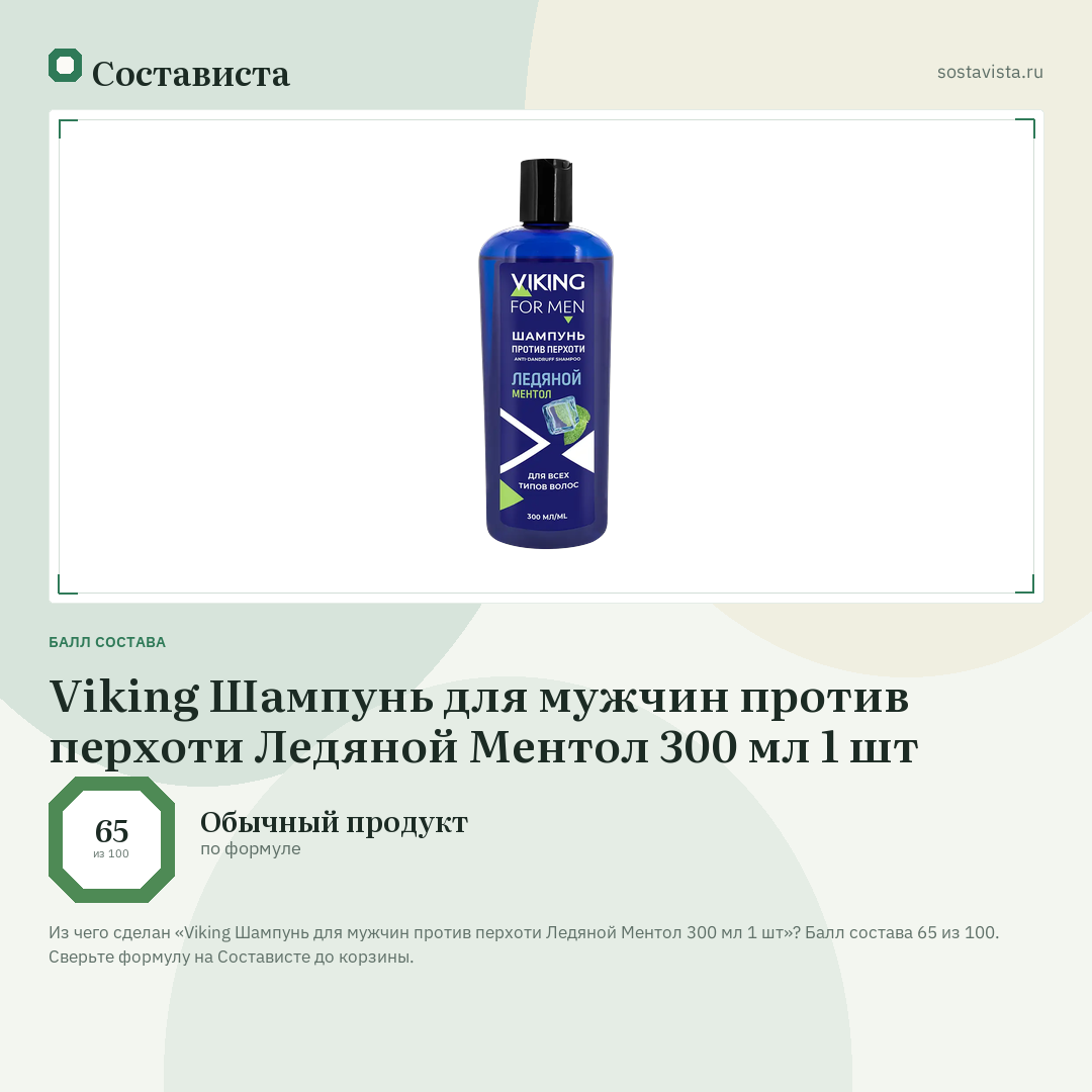 Viking Шампунь для мужчин против перхоти Ледяной Ментол 300 мл 1 шт: балл состава 65 из 100 — Состависта