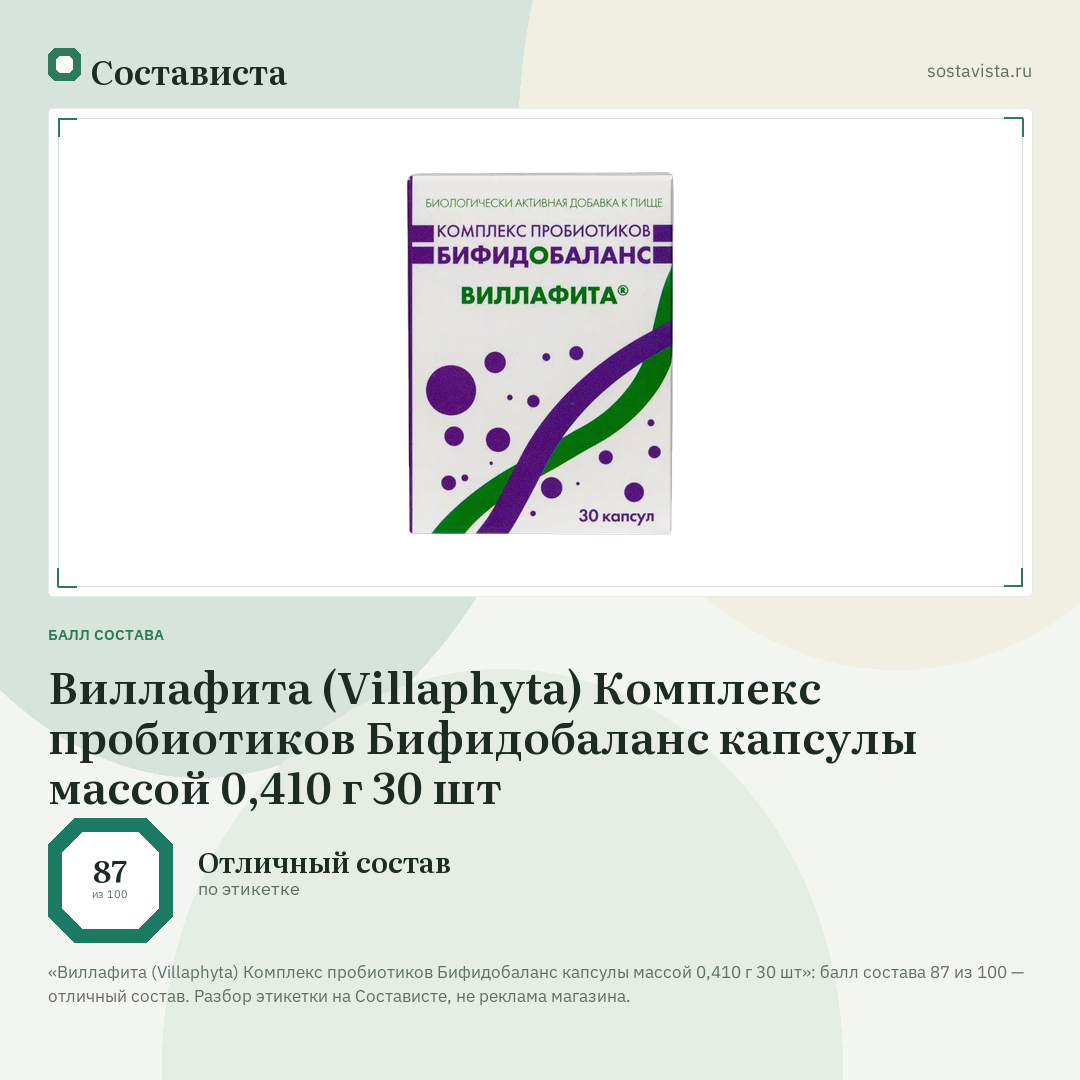 Виллафита (Villaphyta) Комплекс пробиотиков Бифидобаланс капсулы массой 0,410 г 30 шт: балл состава 87 из 100 — Состависта