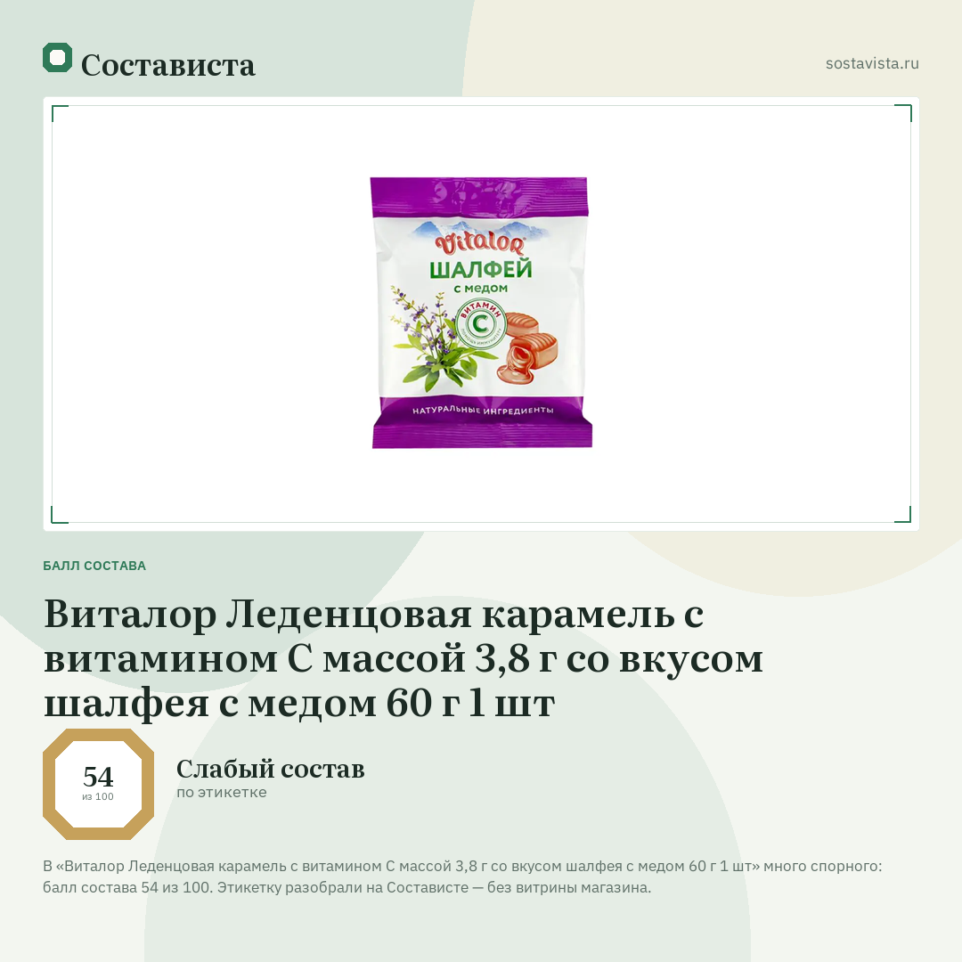 Виталор Леденцовая карамель с витамином С массой 3,8 г со вкусом шалфея с медом 60 г 1 шт: балл состава 54 из 100 — Состависта