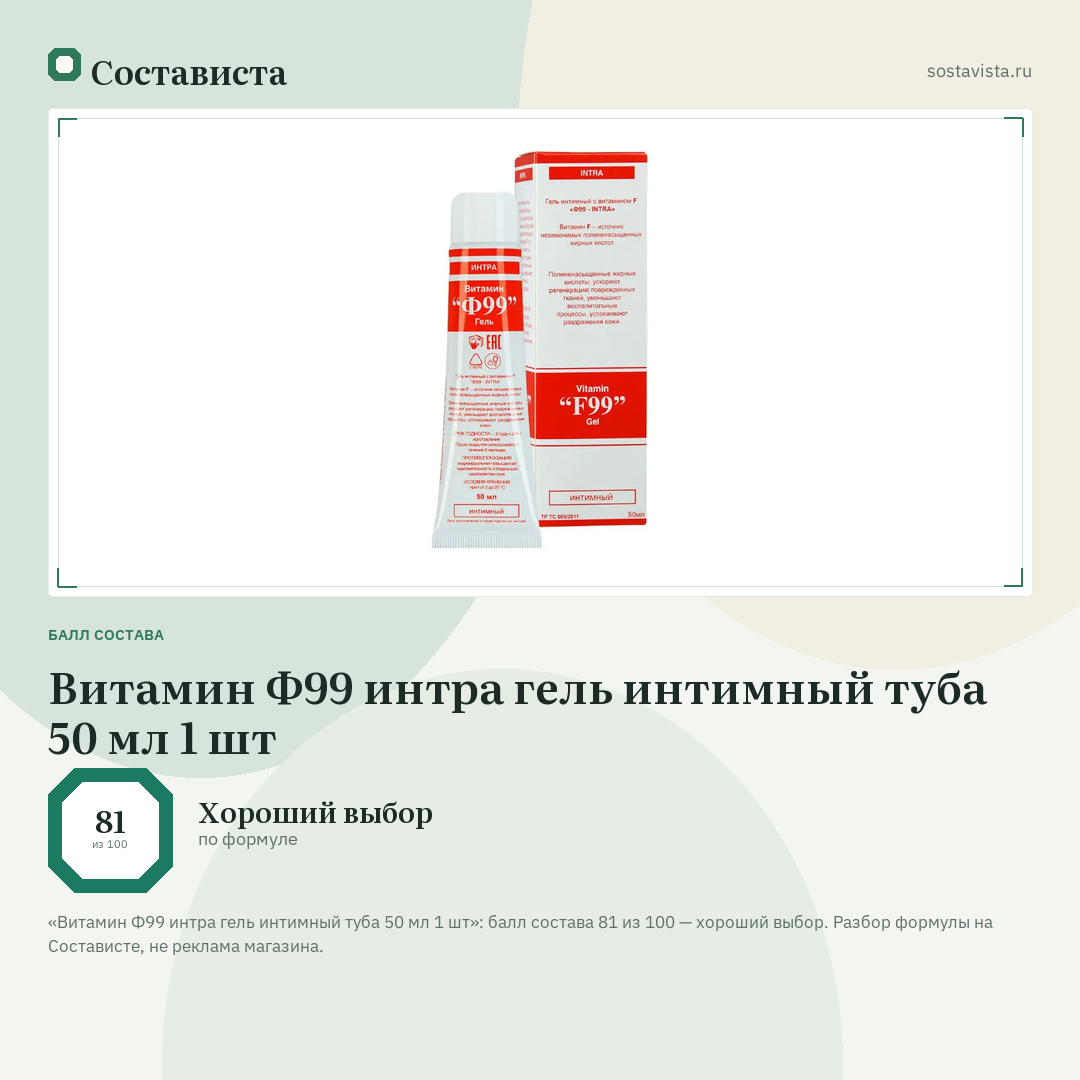 Витамин Ф99 интра гель интимный туба 50 мл 1 шт: балл состава 81 из 100 — Состависта