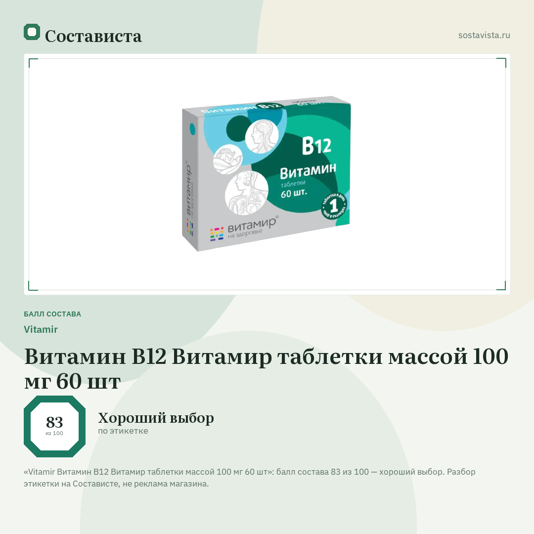 Vitamir Витамин В12 Витамир таблетки массой 100 мг 60 шт: балл состава 83 из 100 — Состависта