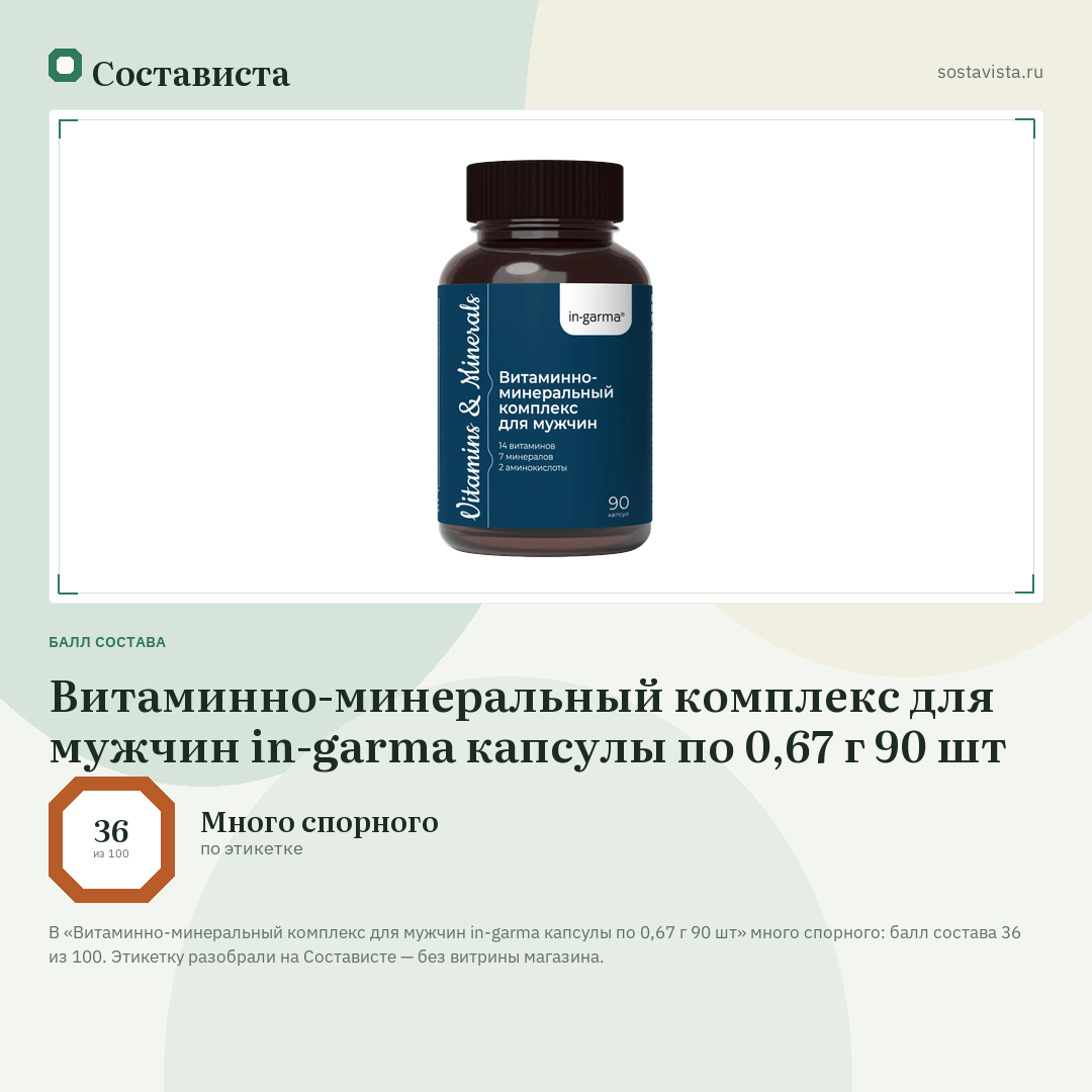 Витаминно-минеральный комплекс для мужчин in-garma капсулы по 0,67 г 90 шт: балл состава 36 из 100 — Состависта