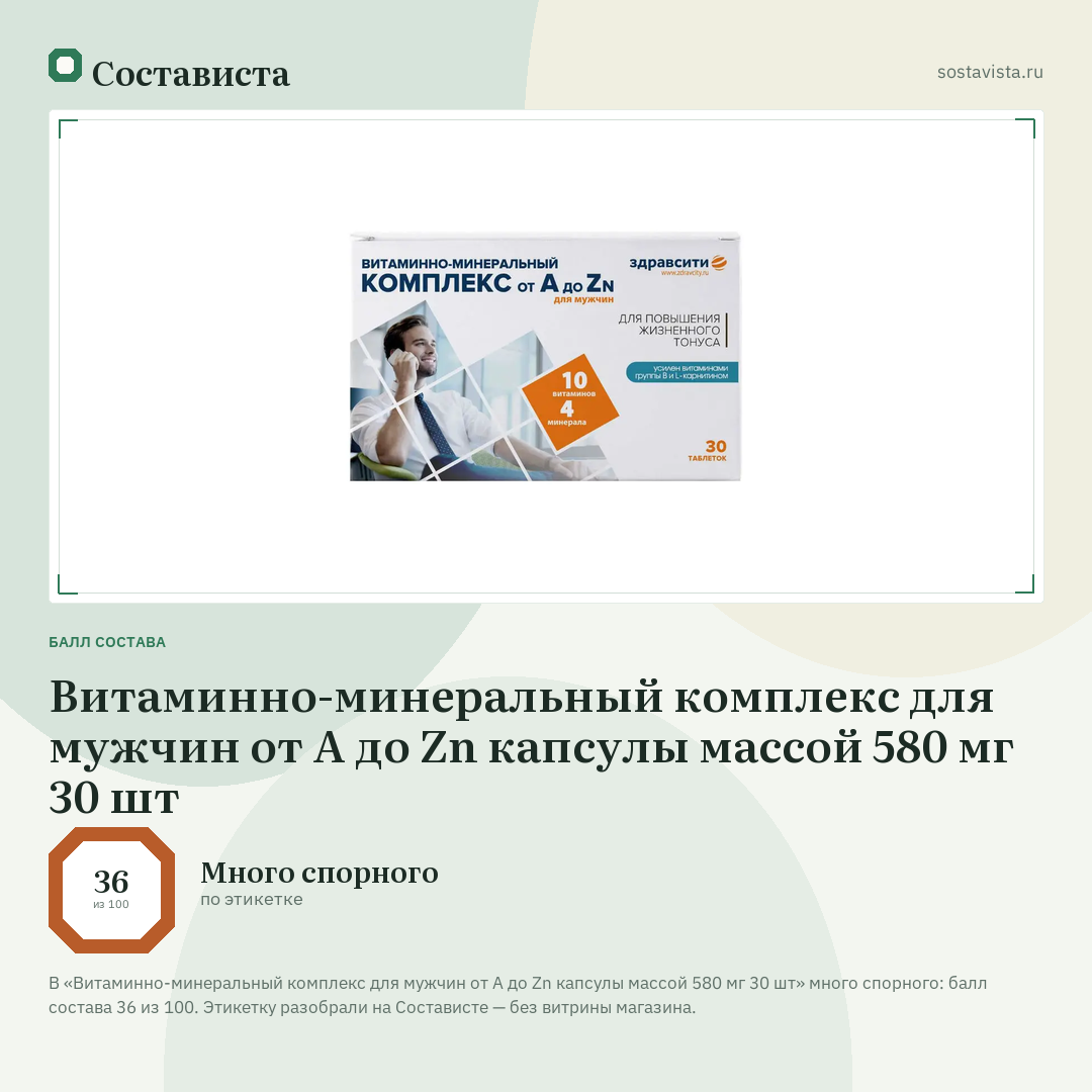 Витаминно-минеральный комплекс для мужчин от А до Zn капсулы массой 580 мг 30 шт: балл состава 36 из 100 — Состависта