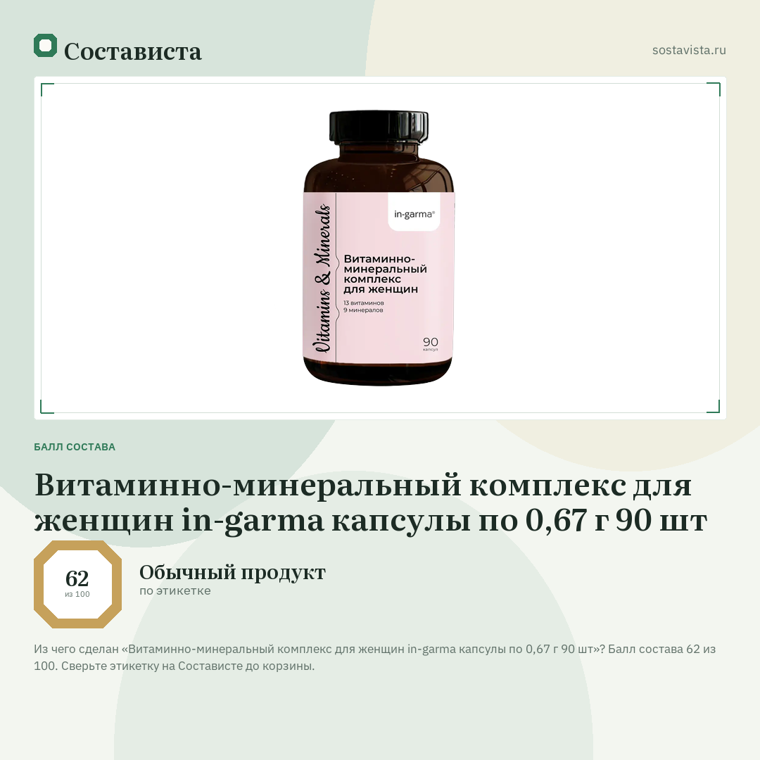 Витаминно-минеральный комплекс для женщин in-garma капсулы по 0,67 г 90 шт: балл состава 62 из 100 — Состависта