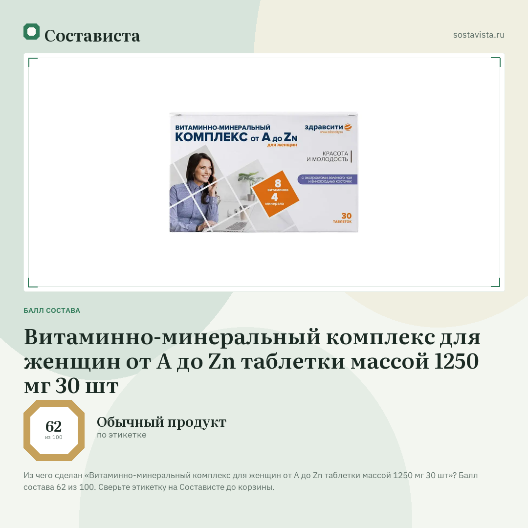 Витаминно-минеральный комплекс для женщин от А до Zn таблетки массой 1250 мг 30 шт: балл состава 62 из 100 — Состависта