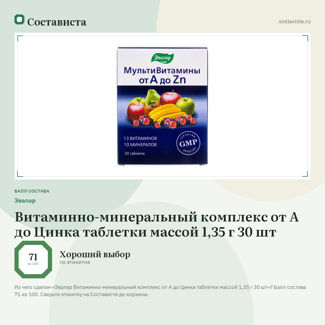 Эвалар Витаминно-минеральный комплекс от А до Цинка таблетки массой 1,35 г 30 шт: балл состава 71 из 100 — Состависта