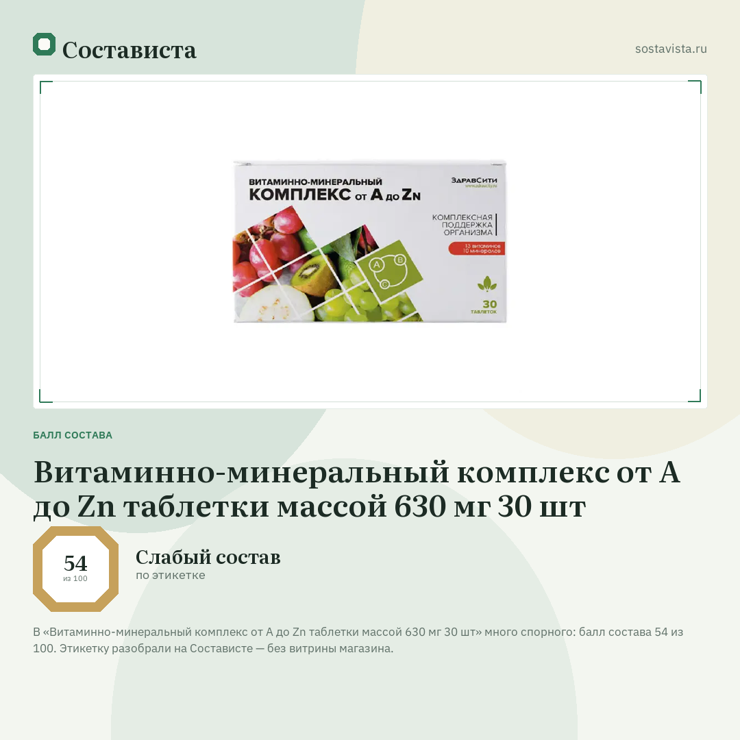 Витаминно-минеральный комплекс от А до Zn таблетки массой 630 мг 30 шт: балл состава 54 из 100 — Состависта