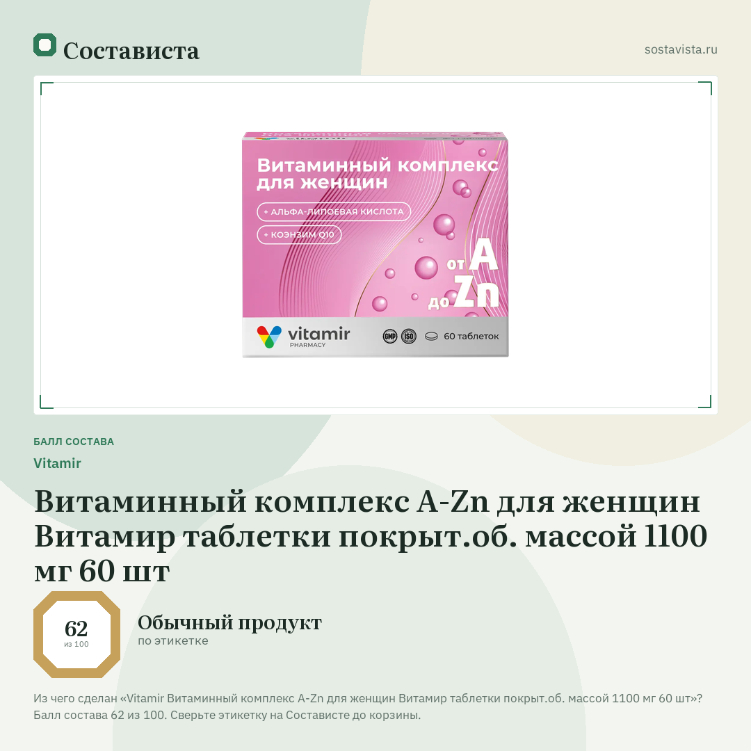 Vitamir Витаминный комплекс A-Zn для женщин Витамир таблетки покрыт.об. массой 1100 мг 60 шт: балл состава 62 из 100 — Состависта
