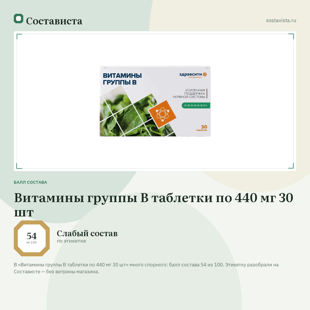 Витамины группы В таблетки по 440 мг 30 шт: балл состава 54 из 100 — Состависта