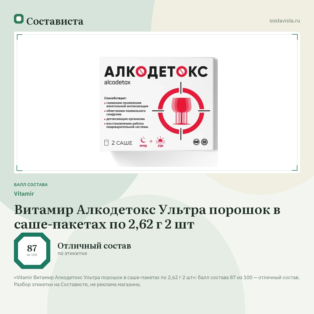 Vitamir Витамир Алкодетокс Ультра порошок в саше-пакетах по 2,62 г 2 шт: балл состава 87 из 100 — Состависта