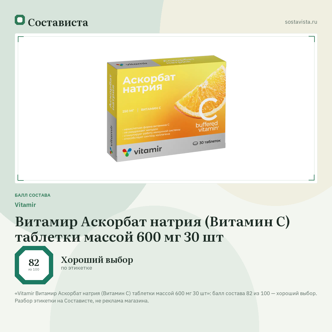 Vitamir Витамир Аскорбат натрия (Витамин С) таблетки массой 600 мг 30 шт: балл состава 82 из 100 — Состависта