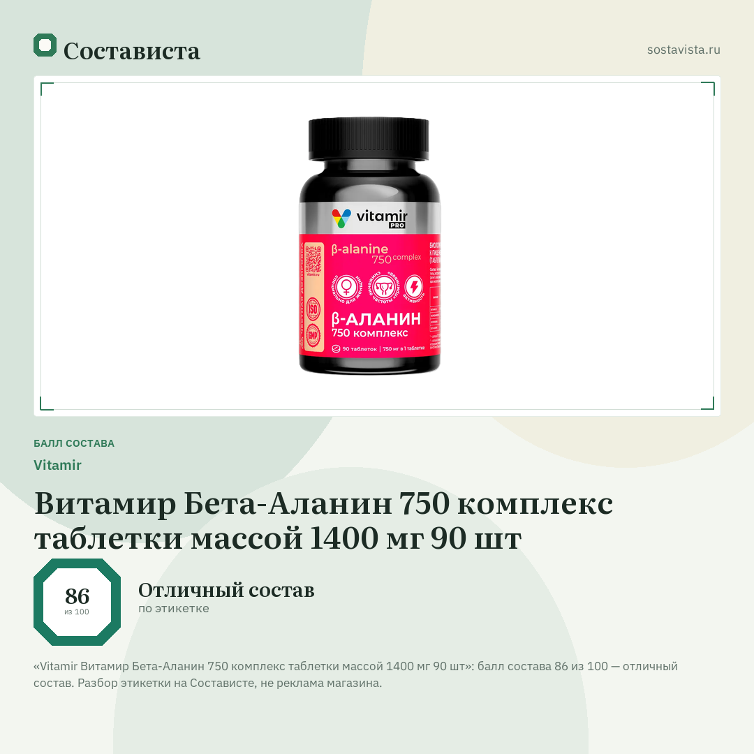 Vitamir Витамир Бета-Аланин 750 комплекс таблетки массой 1400 мг 90 шт: балл состава 86 из 100 — Состависта