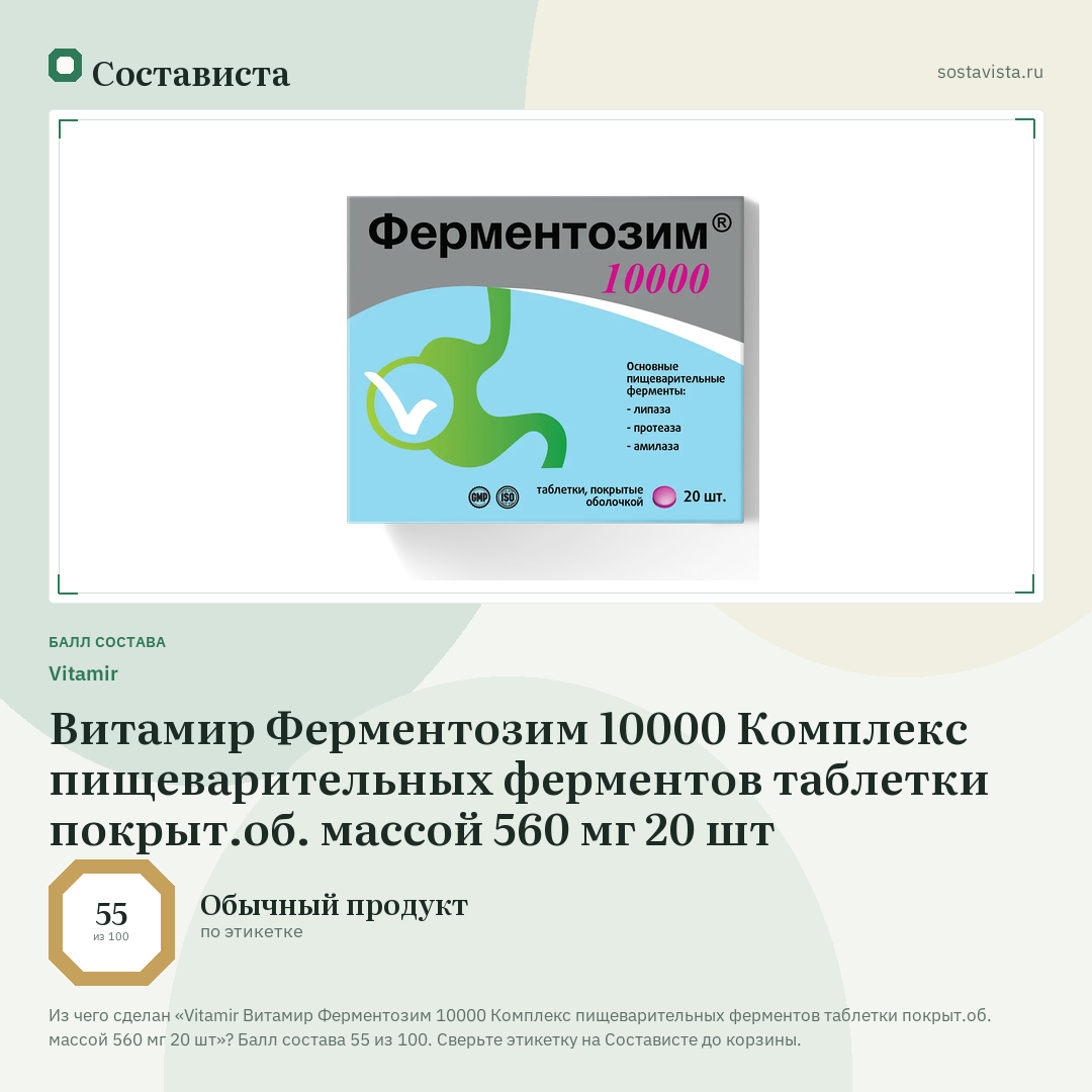 Vitamir Витамир Ферментозим 10000 Комплекс пищеварительных ферментов таблетки покрыт.об. массой 560 мг 20 шт: балл состава 55 из 100 — Состависта