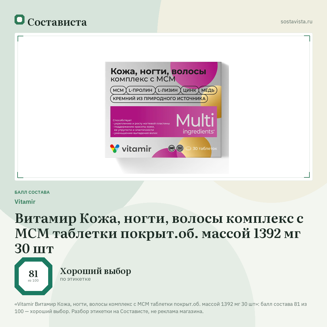 Vitamir Витамир Кожа, ногти, волосы комплекс с МСМ таблетки покрыт.об. массой 1392 мг 30 шт: балл состава 81 из 100 — Состависта