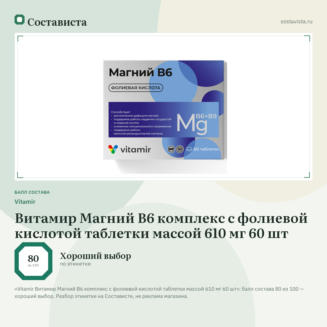 Vitamir Витамир Магний В6 комплекс с фолиевой кислотой таблетки массой 610 мг 60 шт: балл состава 80 из 100 — Состависта