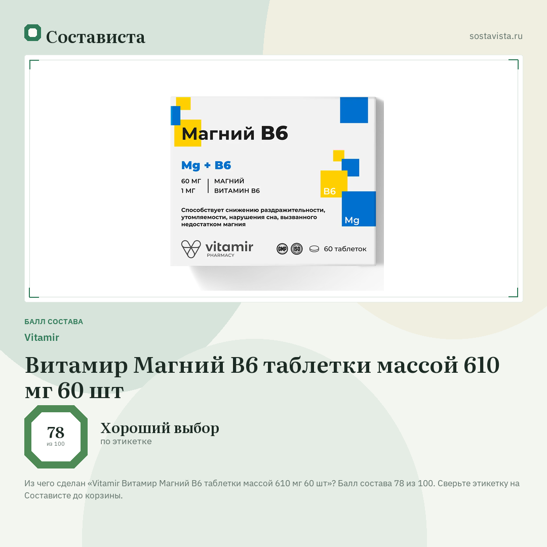 Vitamir Витамир Магний В6 таблетки массой 610 мг 60 шт: балл состава 78 из 100 — Состависта