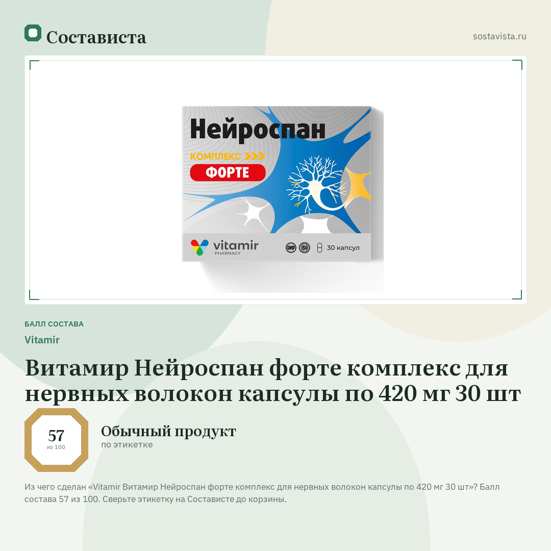 Vitamir Витамир Нейроспан форте комплекс для нервных волокон капсулы по 420 мг 30 шт: балл состава 57 из 100 — Состависта