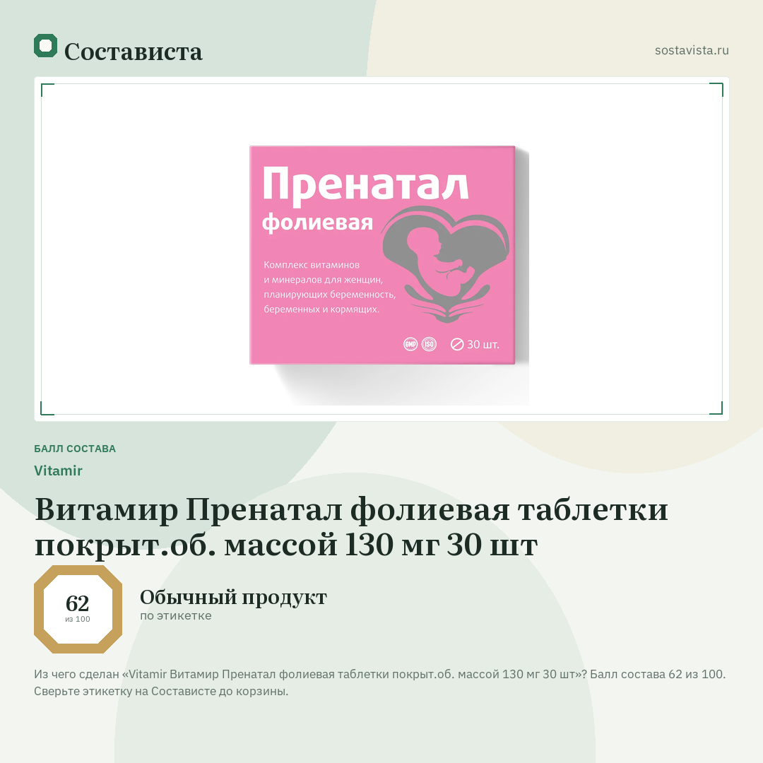 Vitamir Витамир Пренатал фолиевая таблетки покрыт.об. массой 130 мг 30 шт: балл состава 62 из 100 — Состависта