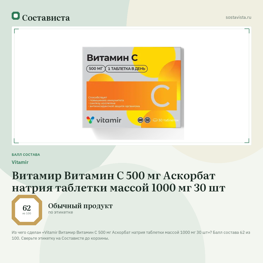 Vitamir Витамир Витамин С 500 мг Аскорбат натрия таблетки массой 1000 мг 30 шт: балл состава 62 из 100 — Состависта