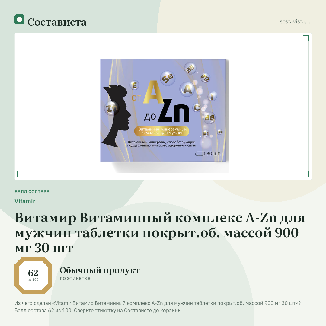 Vitamir Витамир Витаминный комплекс A-Zn для мужчин таблетки покрыт.об. массой 900 мг 30 шт: балл состава 62 из 100 — Состависта