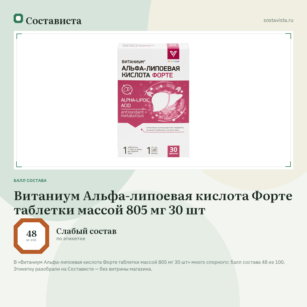 Витаниум Альфа-липоевая кислота Форте таблетки массой 805 мг 30 шт: балл состава 48 из 100 — Состависта