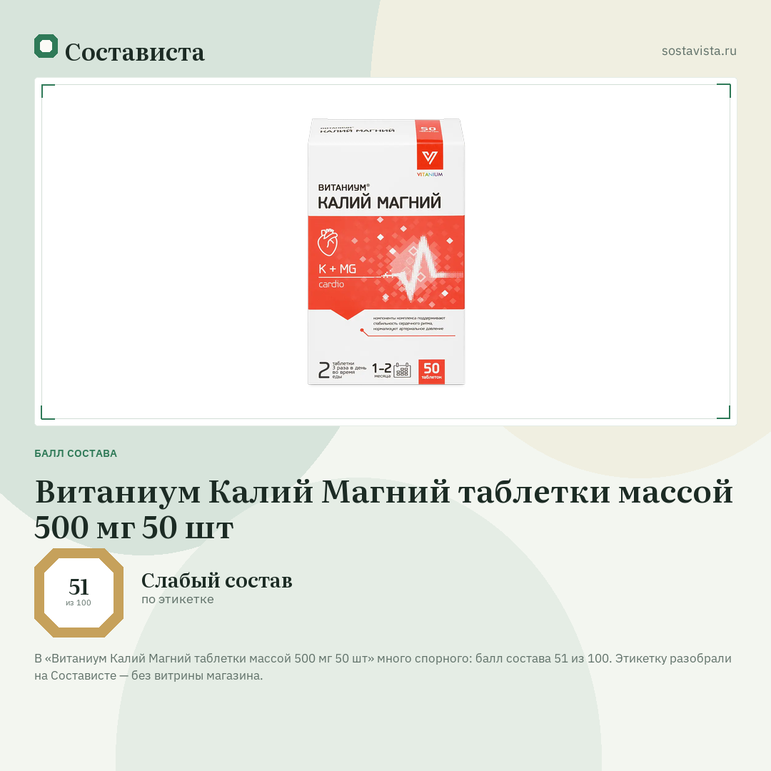 Витаниум Калий Магний таблетки массой 500 мг 50 шт: балл состава 51 из 100 — Состависта