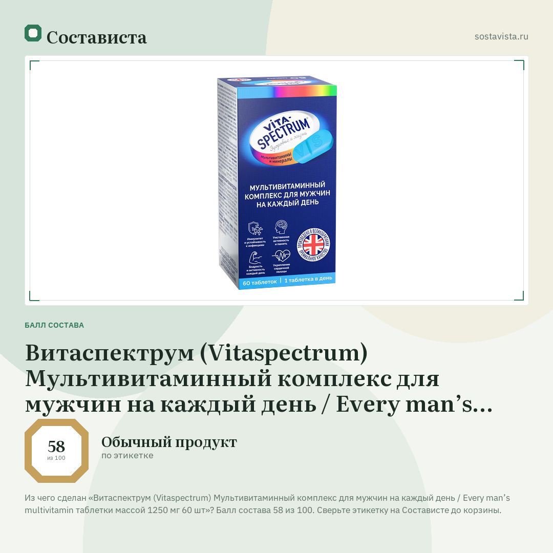 Витаспектрум (Vitaspectrum) Мультивитаминный комплекс для мужчин на каждый день / Every man’s multivitamin таблетки массой 1250 мг 60 шт: балл состава 58 из 100 — Состависта