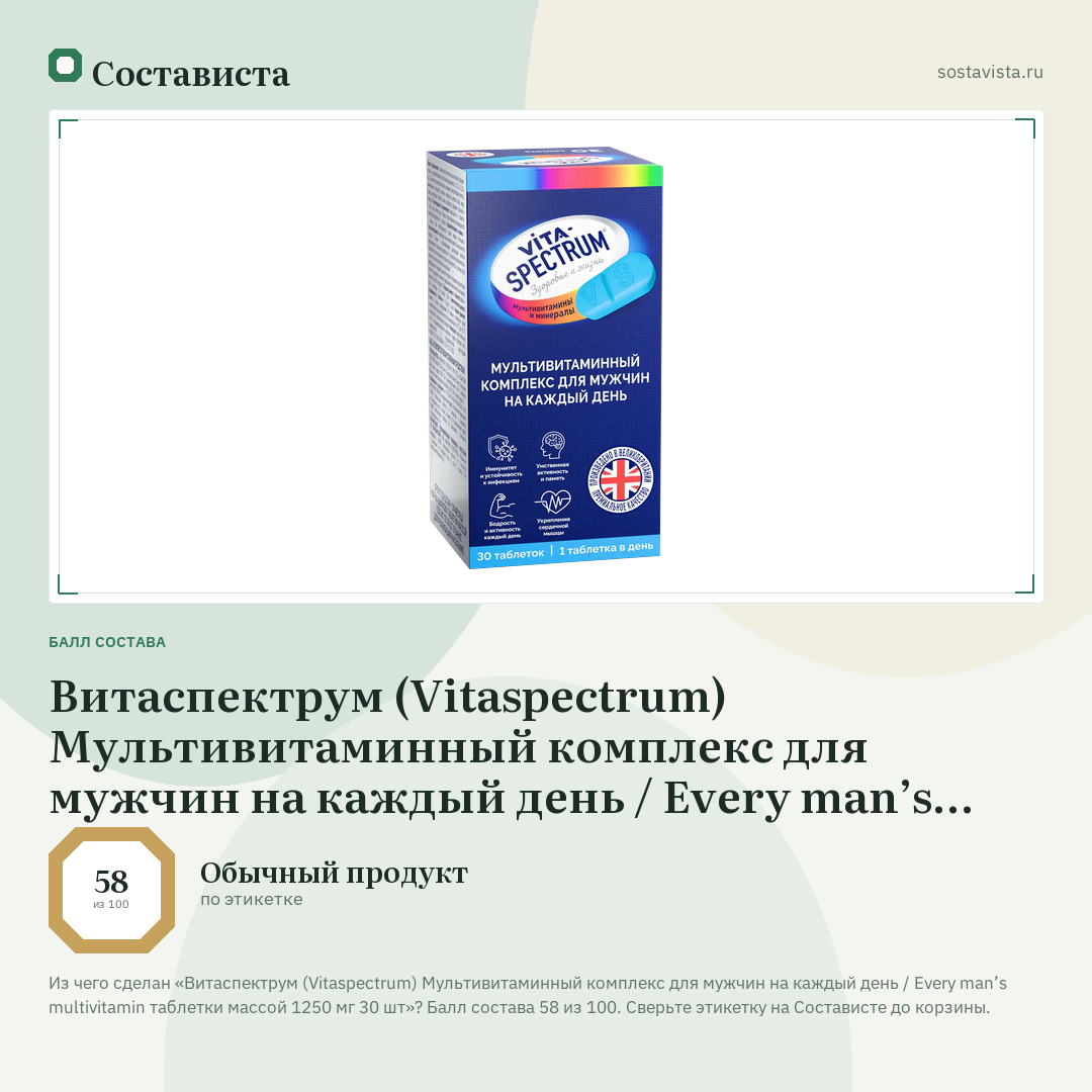 Витаспектрум (Vitaspectrum) Мультивитаминный комплекс для мужчин на каждый день / Every man’s multivitamin таблетки массой 1250 мг 30 шт: балл состава 58 из 100 — Состависта