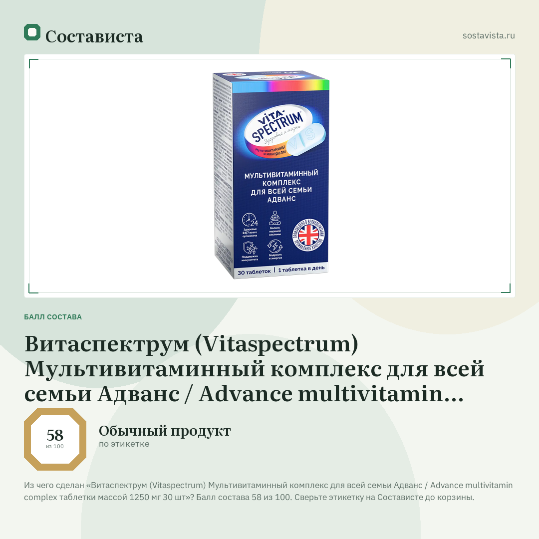 Витаспектрум (Vitaspectrum) Мультивитаминный комплекс для всей семьи Адванс / Advance multivitamin complex таблетки массой 1250 мг 30 шт: балл состава 58 из 100 — Состависта