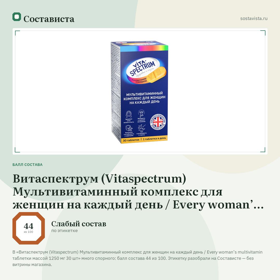 Витаспектрум (Vitaspectrum) Мультивитаминный комплекс для женщин на каждый день / Every woman’s multivitamin таблетки массой 1250 мг 30 шт: балл состава 44 из 100 — Состависта