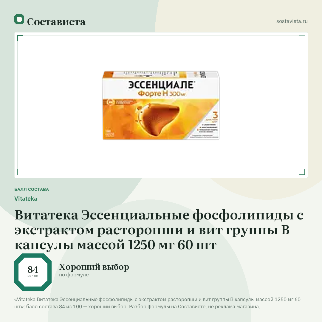 Vitateka Витатека Эссенциальные фосфолипиды с экстрактом расторопши и вит группы В капсулы массой 1250 мг 60 шт: балл состава 84 из 100 — Состависта