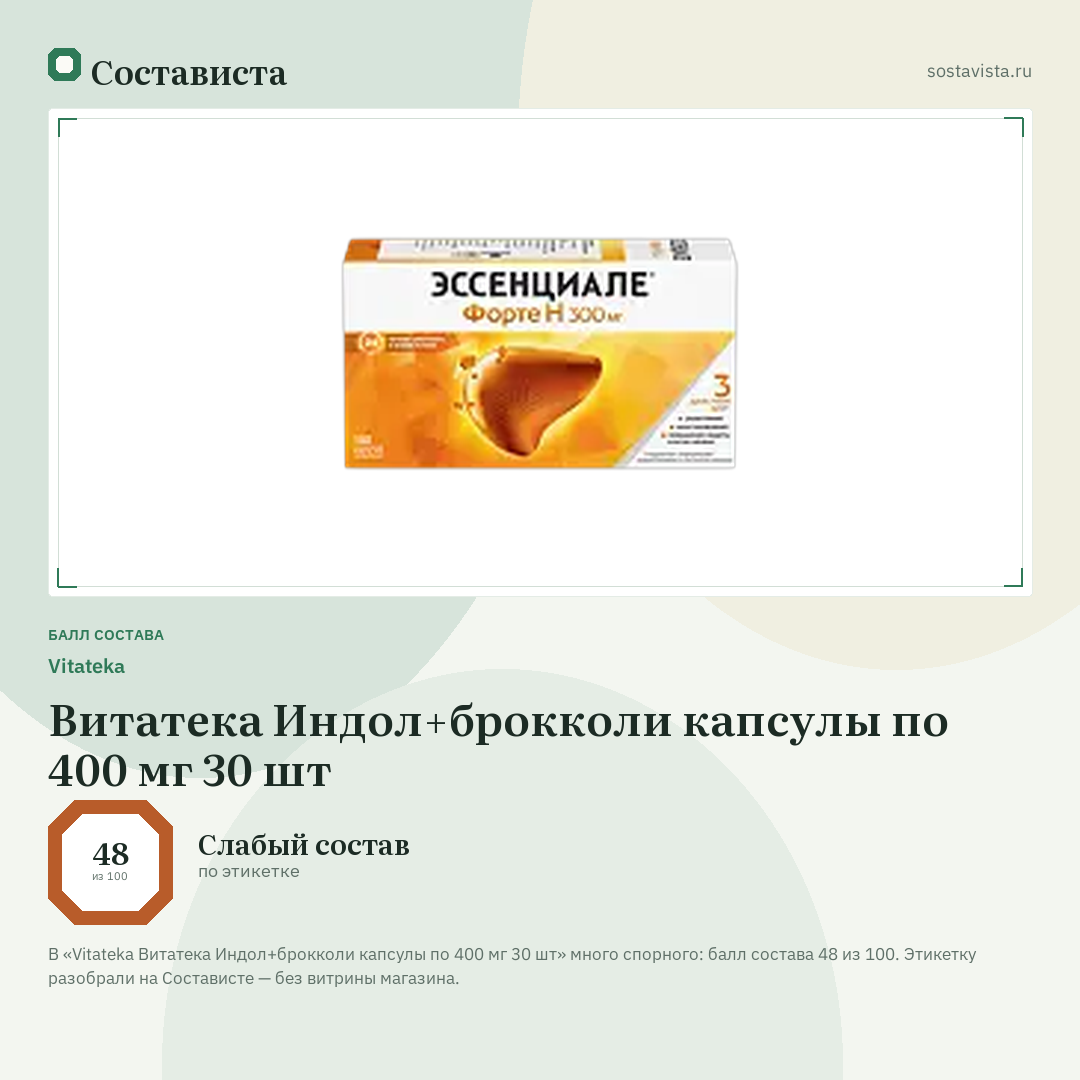 Vitateka Витатека Индол+брокколи капсулы по 400 мг 30 шт: балл состава 48 из 100 — Состависта