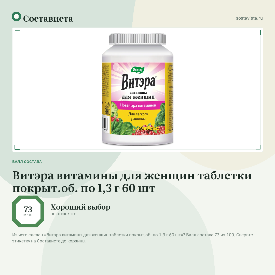 Витэра витамины для женщин таблетки покрыт.об. по 1,3 г 60 шт: балл состава 73 из 100 — Состависта