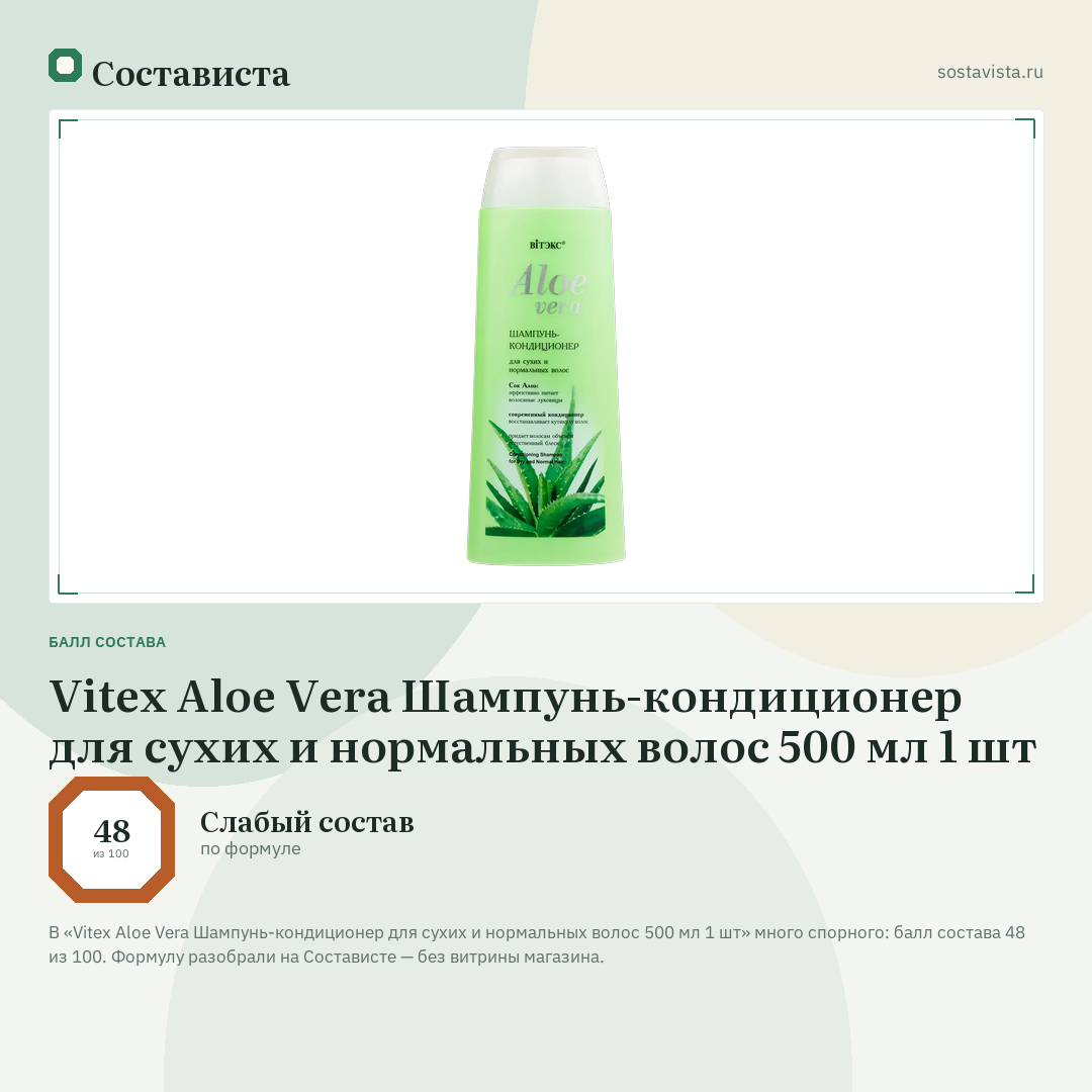 Vitex Aloe Vera Шампунь-кондиционер для сухих и нормальных волос 500 мл 1 шт: балл состава 48 из 100 — Состависта