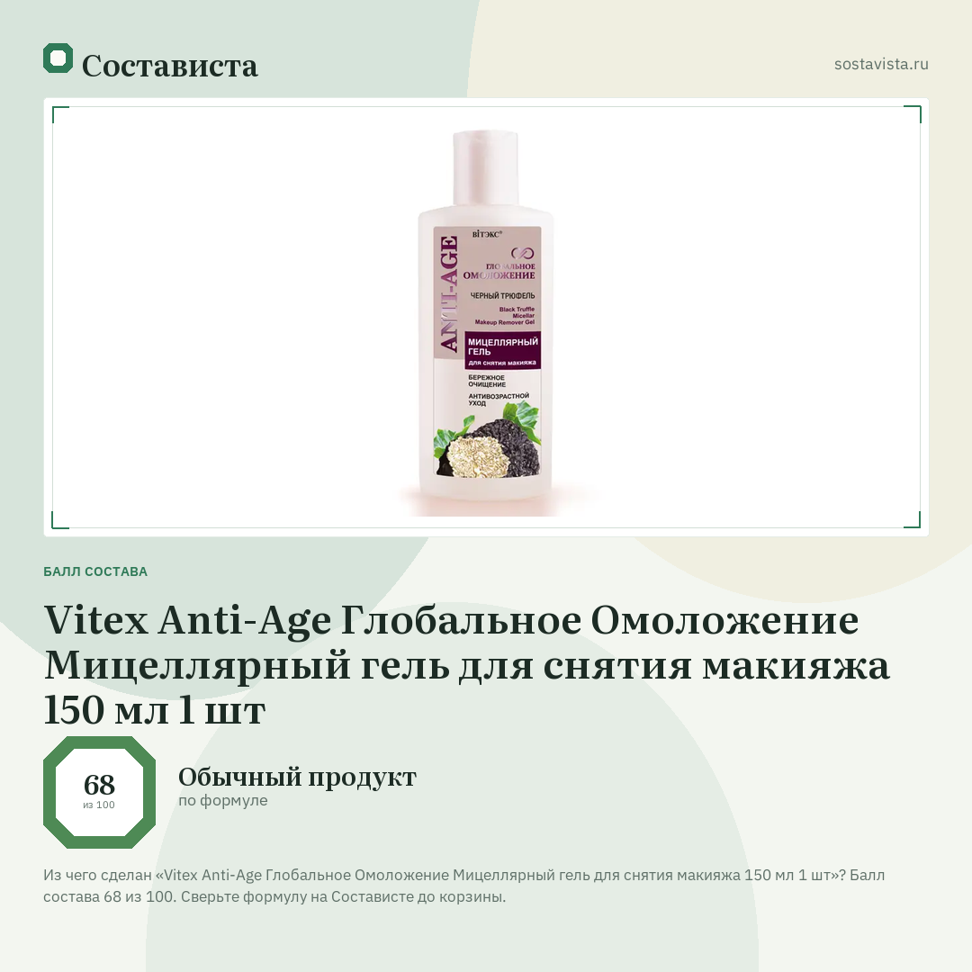 Vitex Anti-Age Глобальное Омоложение Мицеллярный гель для снятия макияжа 150 мл 1 шт: балл состава 68 из 100 — Состависта